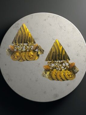 Gold-tone Triangle Coin Earrings with Beads